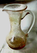 Pitcher vase crackle glass Mid Century Vintage clear gold tinge  with  Handle 5"