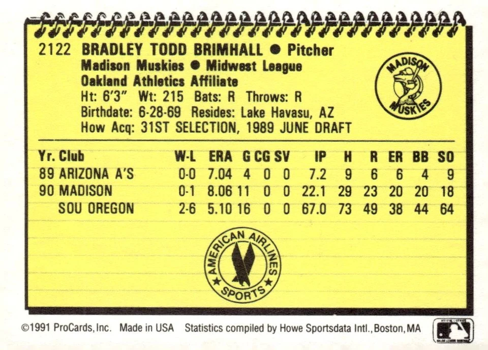 1991 ProCards #2122 Brad Brimhall - Image 2 of 2