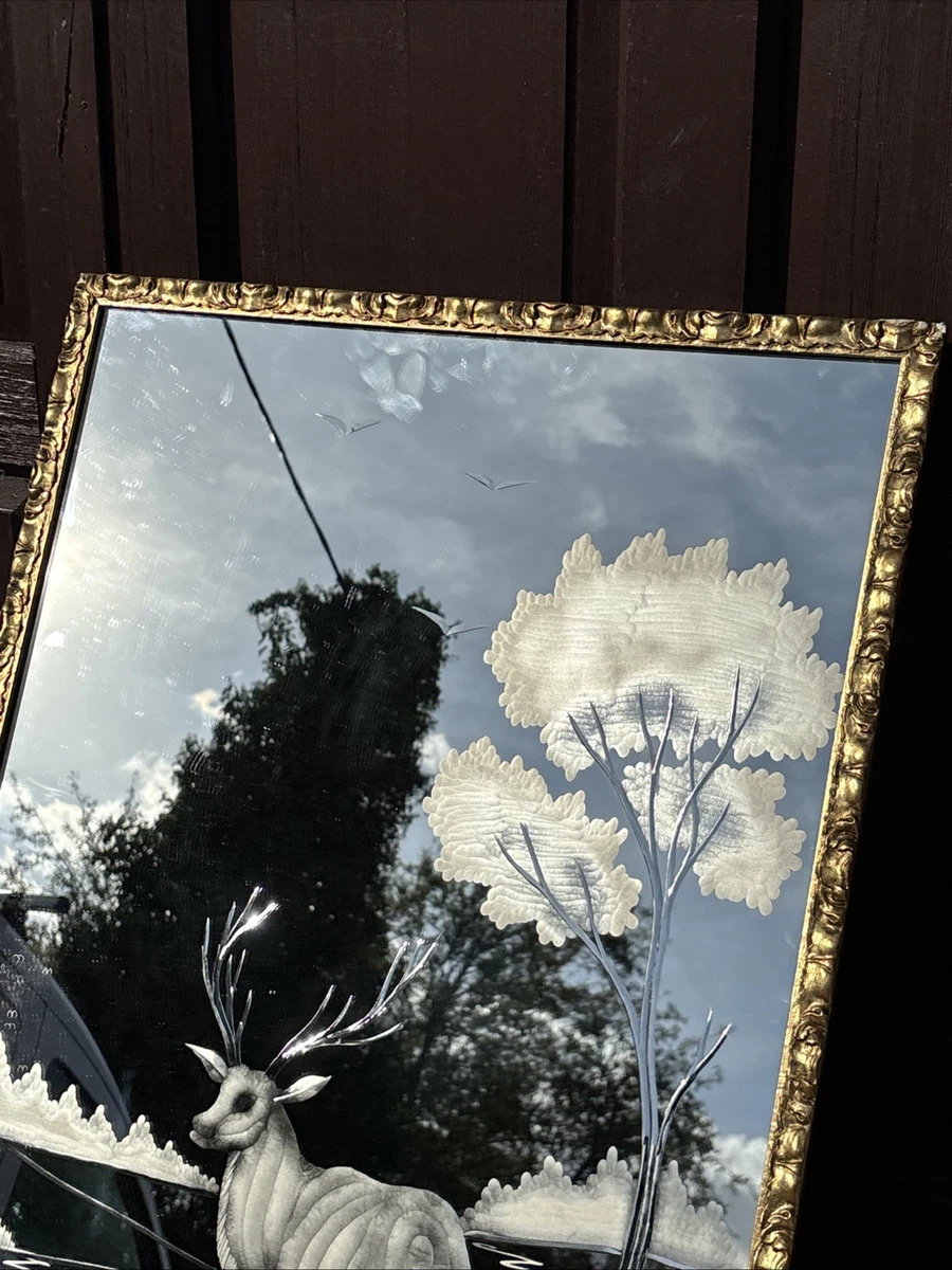 Vintage Etched Glass Mirror with Ornate Gilt Frame – Stag In Woodland Rare