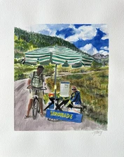 Original Watercolor Lemonade Stand Child 11x14 Arches Paper Mountain Landscape