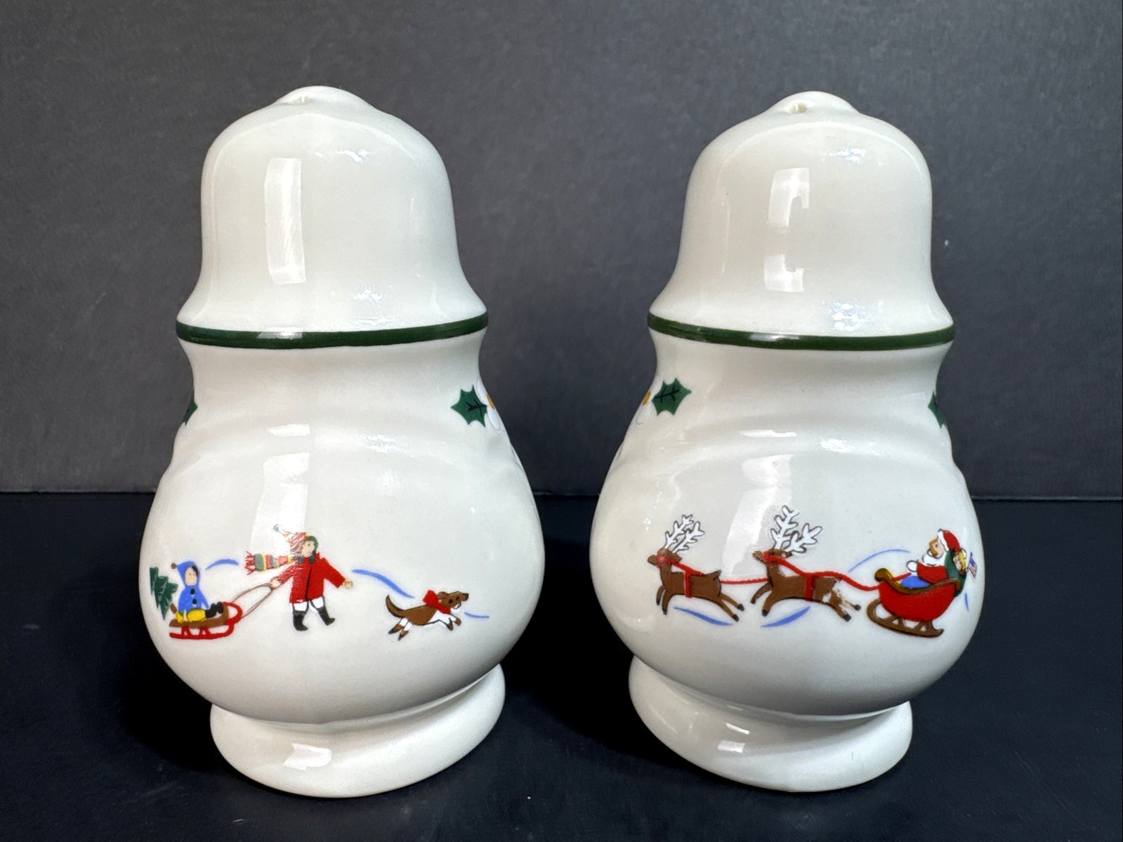 Pfaltzgraff Snow Village Salt & Pepper Shakers Set — Santa, Reindeer & Sledding