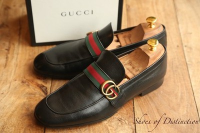 Gucci Black Leather Brass Bit Red & Green Web Shoes Loafers Men UK 8 EU 42 US 9