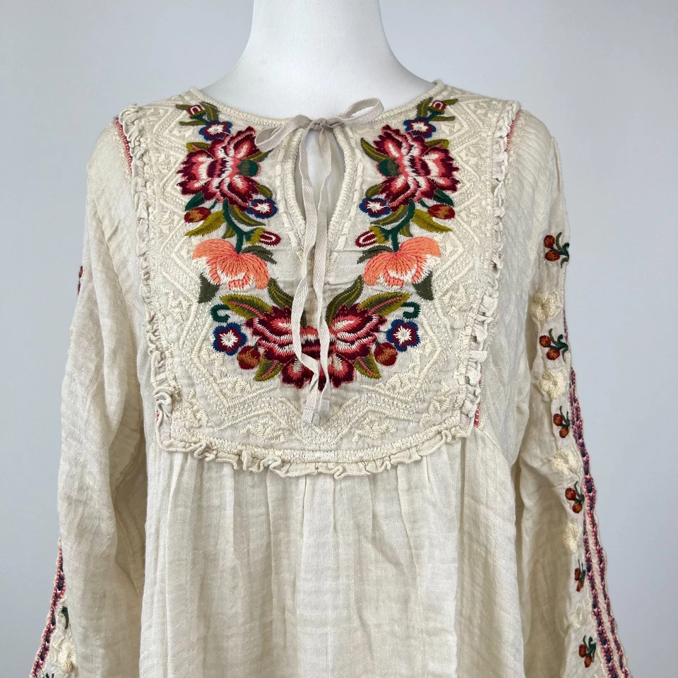 Nuevo sin etiquetas Vestido Johnny Was Boho Algodón Bordado Floral Mangas Largas Hasta la Rodilla S Foto 3 de 4