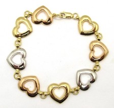 14K TRI-COLORED GOLD YELLOW ROSE WHITE PUFFED ALTERNATING HEART BRACELET 7''