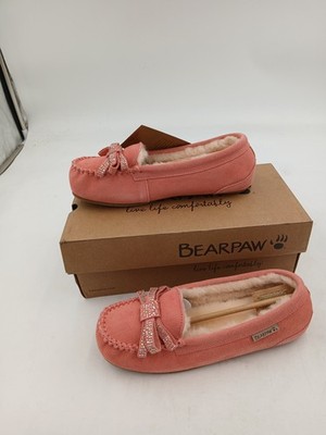 Bearpaw Cynthia Slippers Womens Pink Suede Rhinestone Bow Moccasin Cozy Size 8