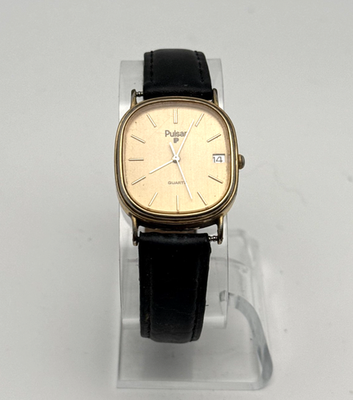#ad Vintage Pulsar Quartz Watch Gold Dial Cushion Case Date New Battery $39.00