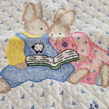 2 Handmade Quilts Embroidered Baby Blankets Bunnies Reading  Patchwork