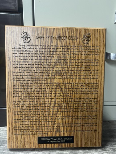 US Navy Chief Petty Officer CPO Creed Wooden Plaque SKCSW/AW H.A. Frazier 1996