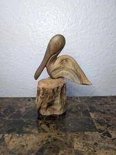 Carved Wood Pelican Collectible Beach House Decor