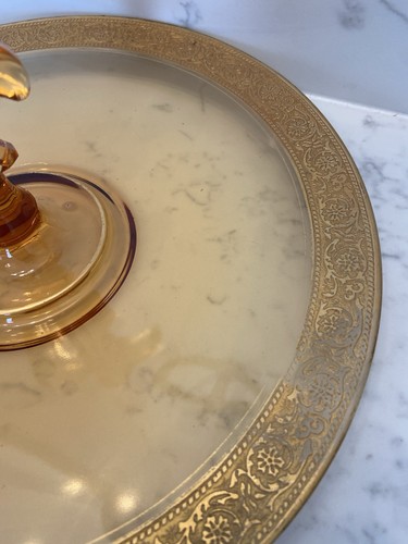 Vintage Amber & Gold Fostoria Glass Etched Fleur de Lis Sandwich Tray, No Chips - Picture 4 of 10