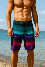 Hang Ten Board Shorts Men 32 Ombre Striped Tropical Lined Aloha Swim Surf Art