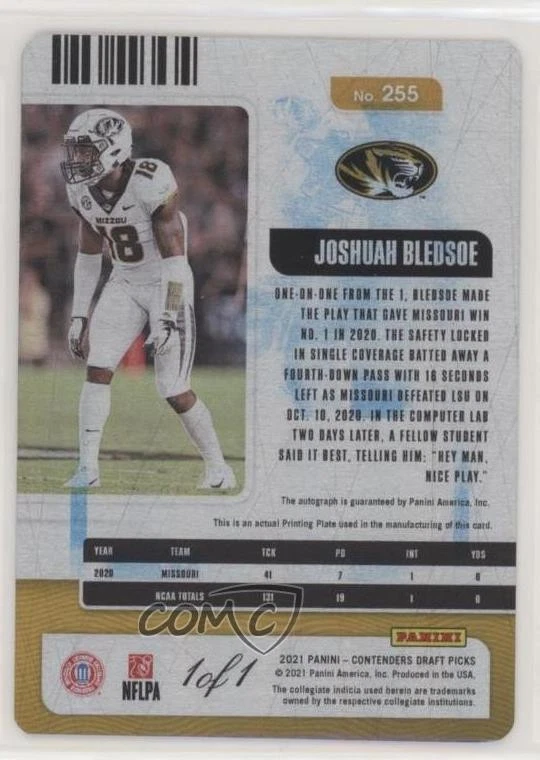 2021 Contenders Draft Picks Printing Plate Black 1/1 Joshuah Bledsoe Auto 0c2 - Image 2 of 3