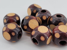 Lot of 8 Dark stained wooden macrame beads with carved natural wood dot pattern