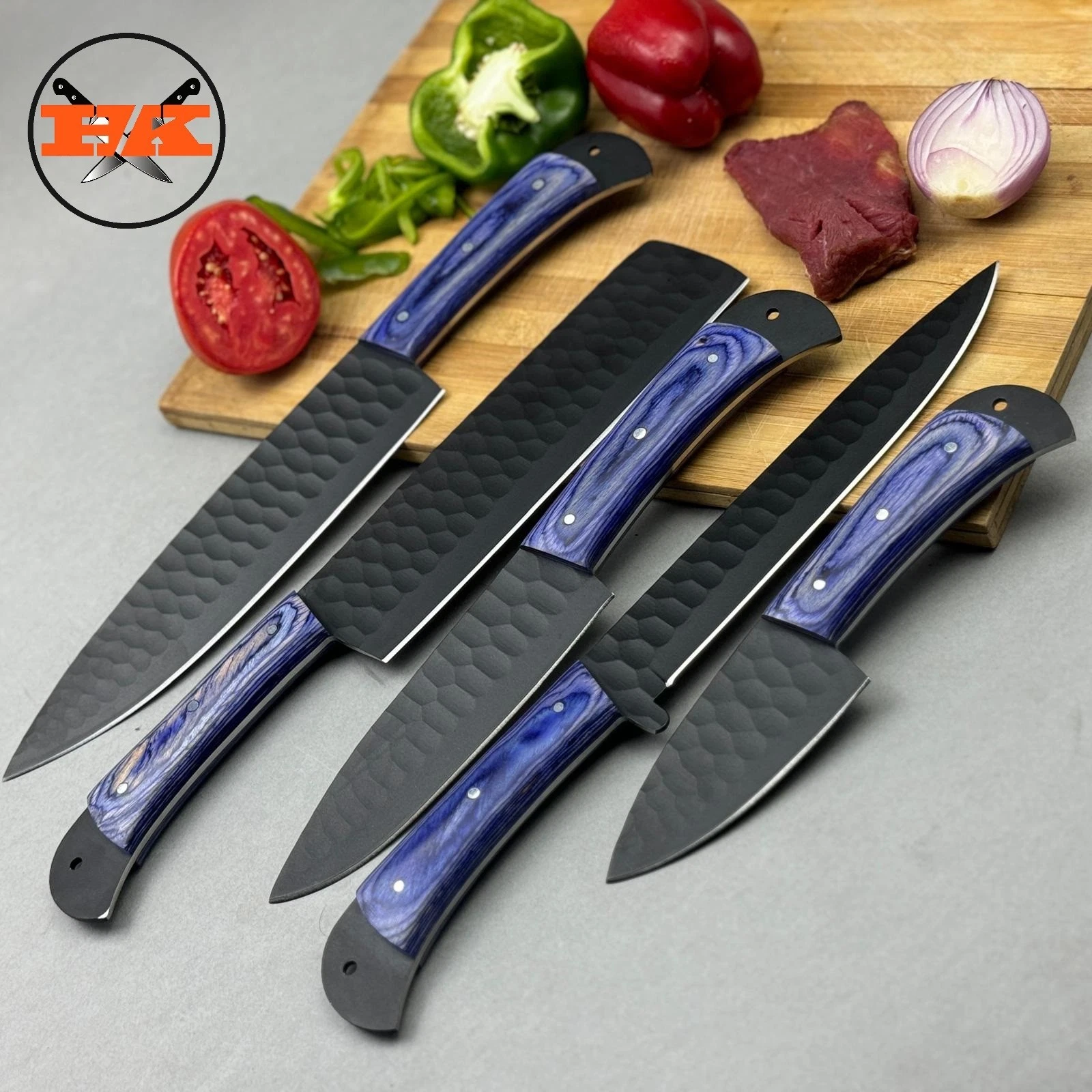 Custom 5PC Chef Knife Set Handmade Kitchen Knives Black Blade Wood Handle