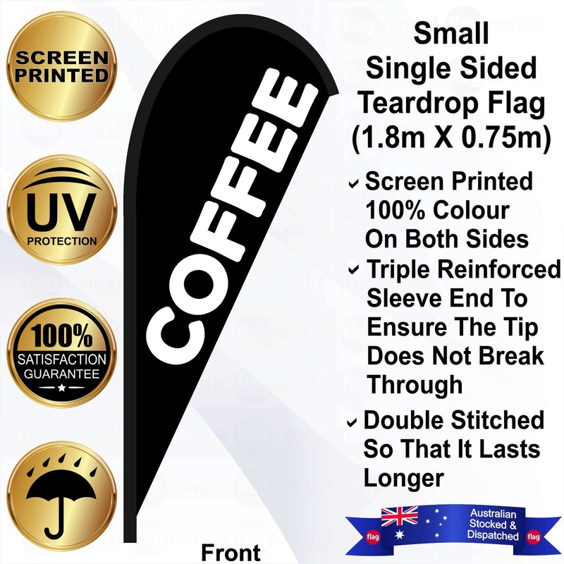 F - COFFEE Black 2.4m Teardrop Flag / Banner Kit with Pole Set, Galvanised Steel Ground Spike, Steel Outdoor Cross Base, Free 15kg Water Bag and a Free Carry Bag - 1