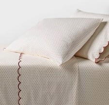King 400 Thread Count Sheet Set Ivory Printed Dot with Red Scallop Hem Threshold