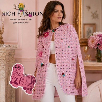 Rich Fashion Pink Embellished Tweed Cape | Women s Size S | New with Tags