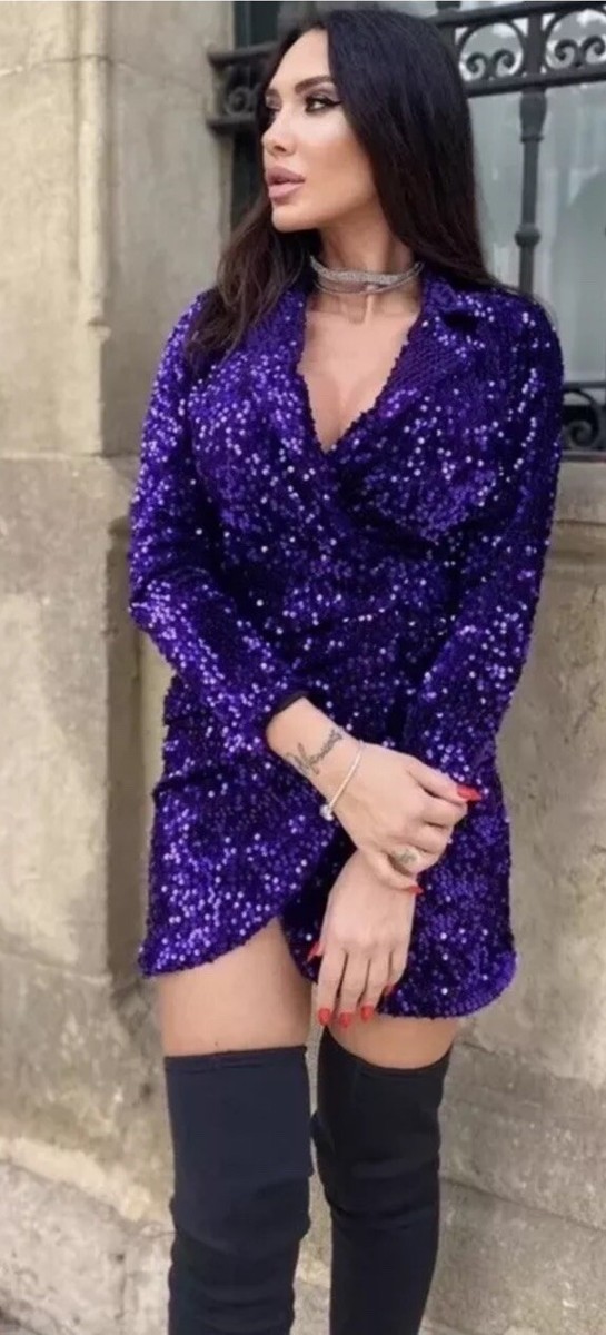 ZARA SEQUIN COLLAR BLAZER MINI DRESS Purple S 0387/195 NWT Holiday