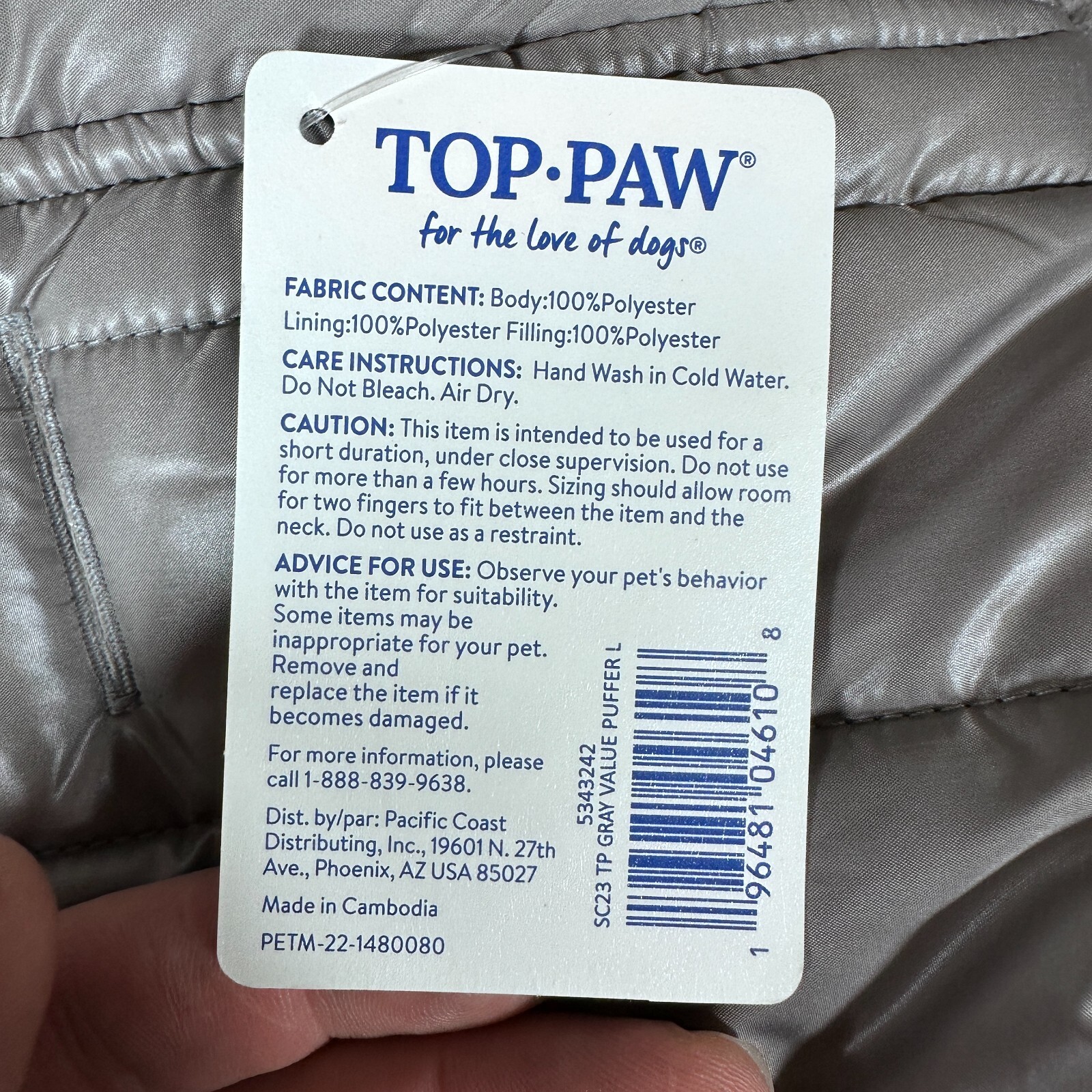 Top-Paw Dog Puffer Jacket Size Large Grey New w/tags