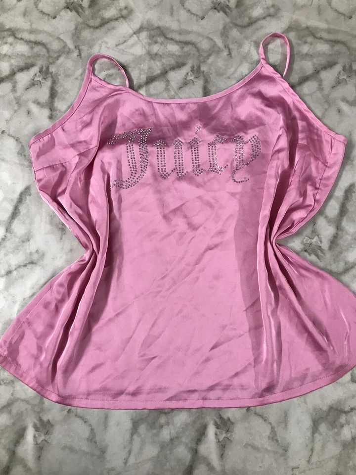 VINTAGE Y2K JUICY COUTURE Satin Pink Sleepwear Top Large Club Party Bedazzled - Image 2 of 4
