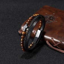 Men's Cross Leather Braided Bracelet Tiger's Eye Stone Bracelet Magnetic Clasp