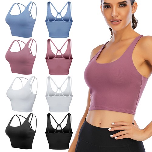 Women Strappy Sports Bra Padded Yoga Medium Support Impact Gym Workout Tank Top - Picture 3 of 18