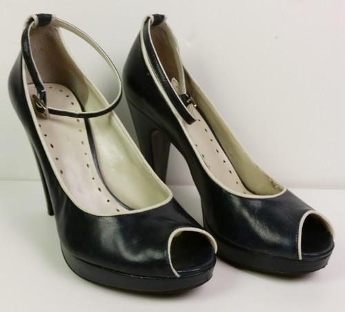 BCBGirls Cuero Azul Beige Borde Mujer Puntera Abierta Zapatos Correa al Tobillo 6.5B - Imagen 3 de 11