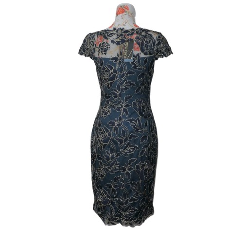 NWT Tadashi Shoji Sz 4 Gold Embroidered Lace Boatneck Midi Gown Dress Dark Teal - Picture 2 of 12