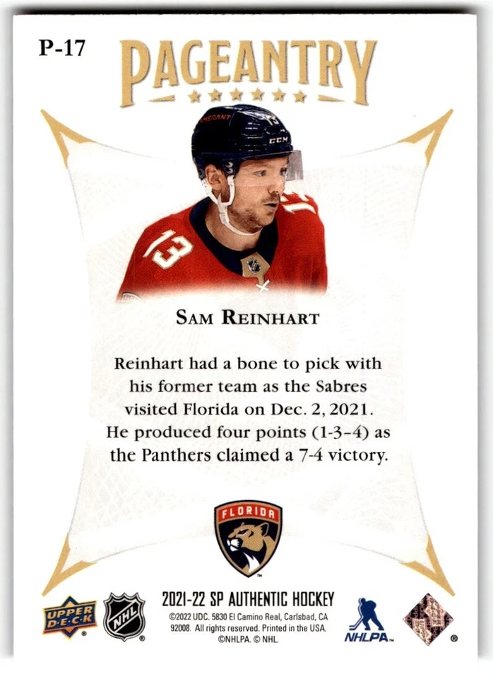 2021-22 SP Authentic Pageantry Sam Reinhart #p-17 - Image 2 of 2