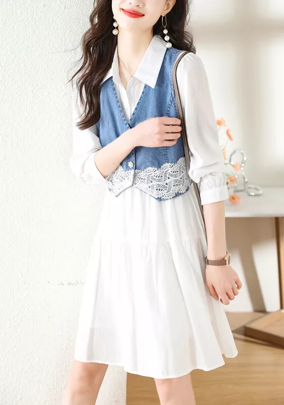 Vestido Mujer Lápiz Vintage Satén Blanco Chaleco Vaqueros Elegante 35418