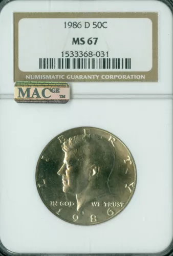 1986 D KENNEDY HALF DOLLAR NGC MS67 PQ MAC 2ND FINEST GRADED MAC SPOTLESS .