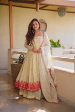 Latest New Pure Cosmos Silk Cream Gown Palazzo With Dupatta For Festival Wear