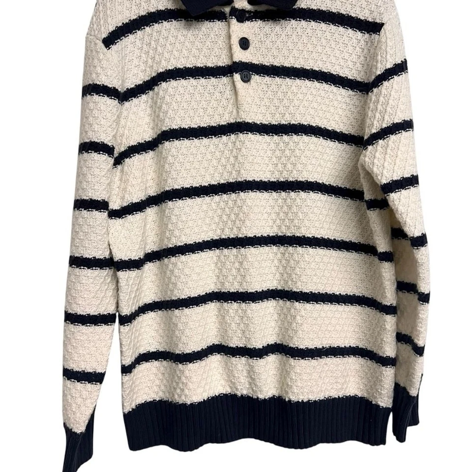 Мужская вязаная рубашка-поло Zara в полоску с длинным рукавом белая синяя большого размера - Изображение 3 из 4