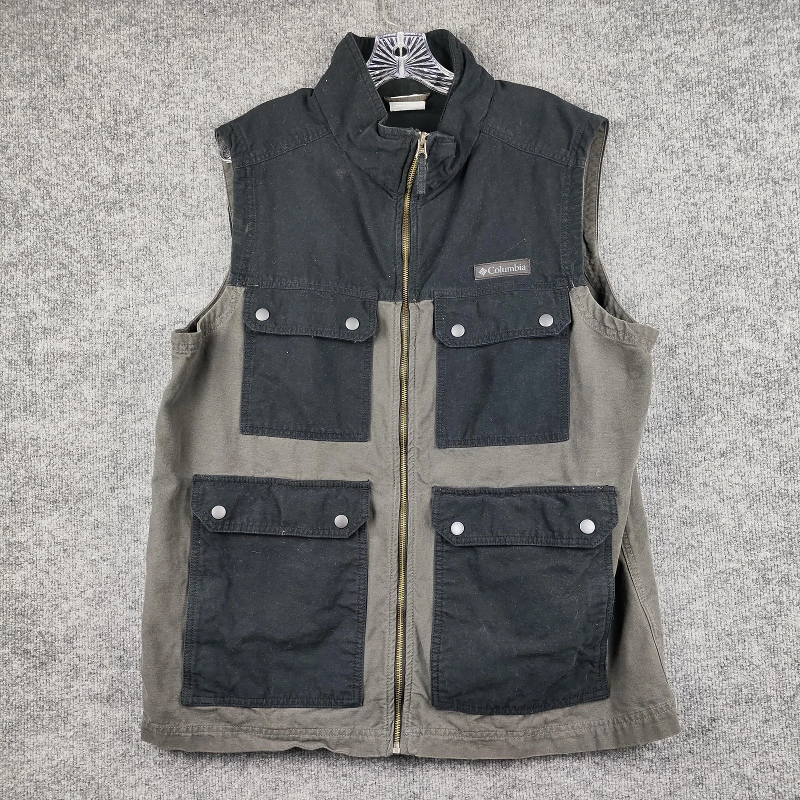 Columbia Vest Mens Large Gray Canvas Utility Full Zip Field Pockets Outdoor