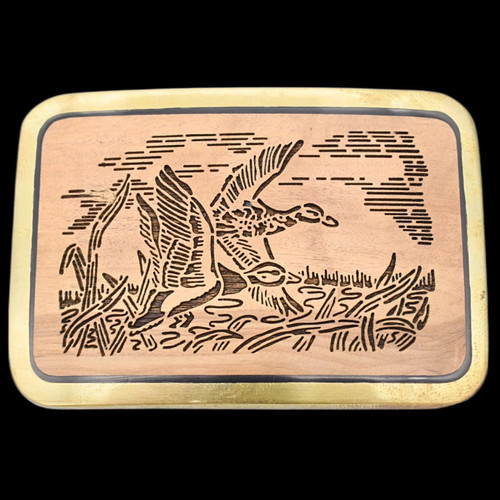 Ducks Solid Brass & Olive Tree Wood Vintage Belt Buckle