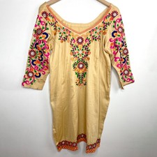 Vintage Indian Embroidered Kurta Tunic Dress Top Sz M Yellow Floral Boho Folk