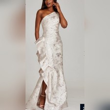 Xscape Women's One Shoulder Cream and Silver Metallic Dress Size 8 NWT