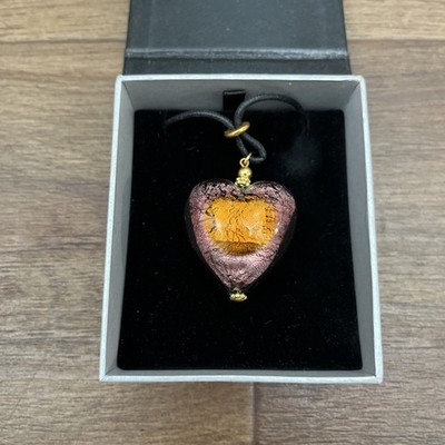 Authentic Esse2 Murano Glass Heart Pendant Necklace, Pink and Orange Leaf, Boxed