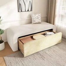 Modern Upholstered Storage Ottoman Bench with Drawer – White Boucle Accent Bench