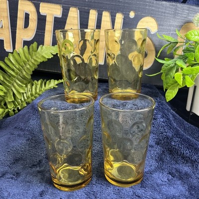 Hazel Atlas Glass Continental Can 4 Golden Amber Eldorado Dots 6oz Juice Glasses
