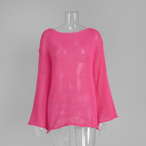 Maglia donna sottile manica lunga a campana girocollo maglia top maglione cavo - Foto 20 di 21