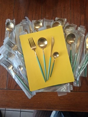 Cutipol Goa Look MATTE GOLD & Teal Handle Unbranded Six 4 PIECE Place Settings 