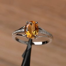 Citrine crystal ring engagement ring oval cut solid sterling silver ring yellow
