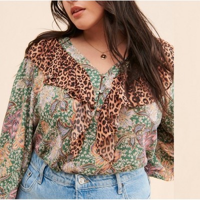 Kachel x Anthropologie Mixed Print Ruffle Blouse Green Floral Leopard Plus 24NEW