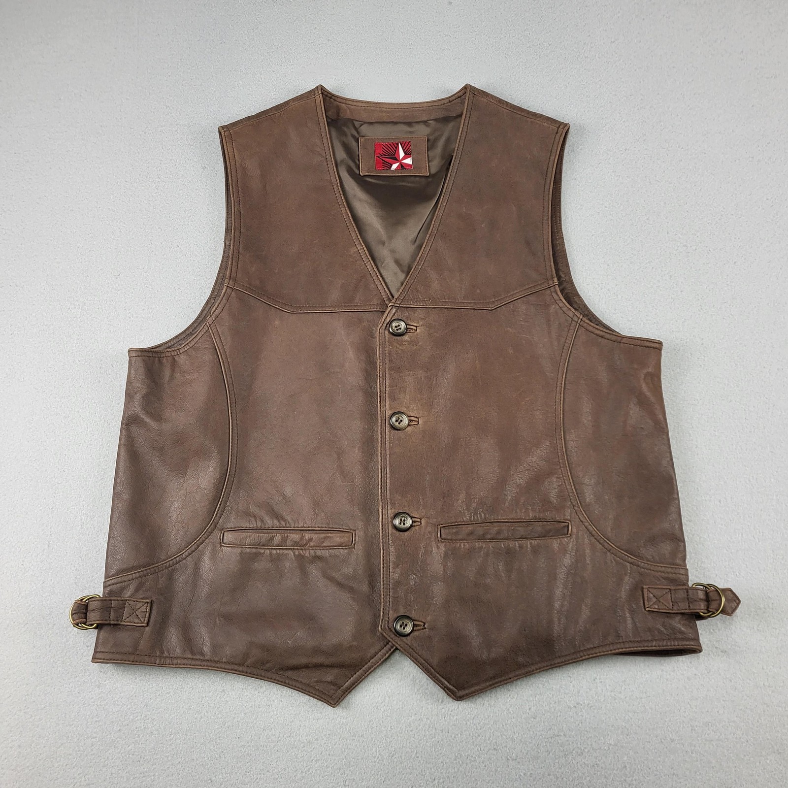 Marlboro Leather Vest Mens Large Brown Genuine Biker Western Button Front Lined