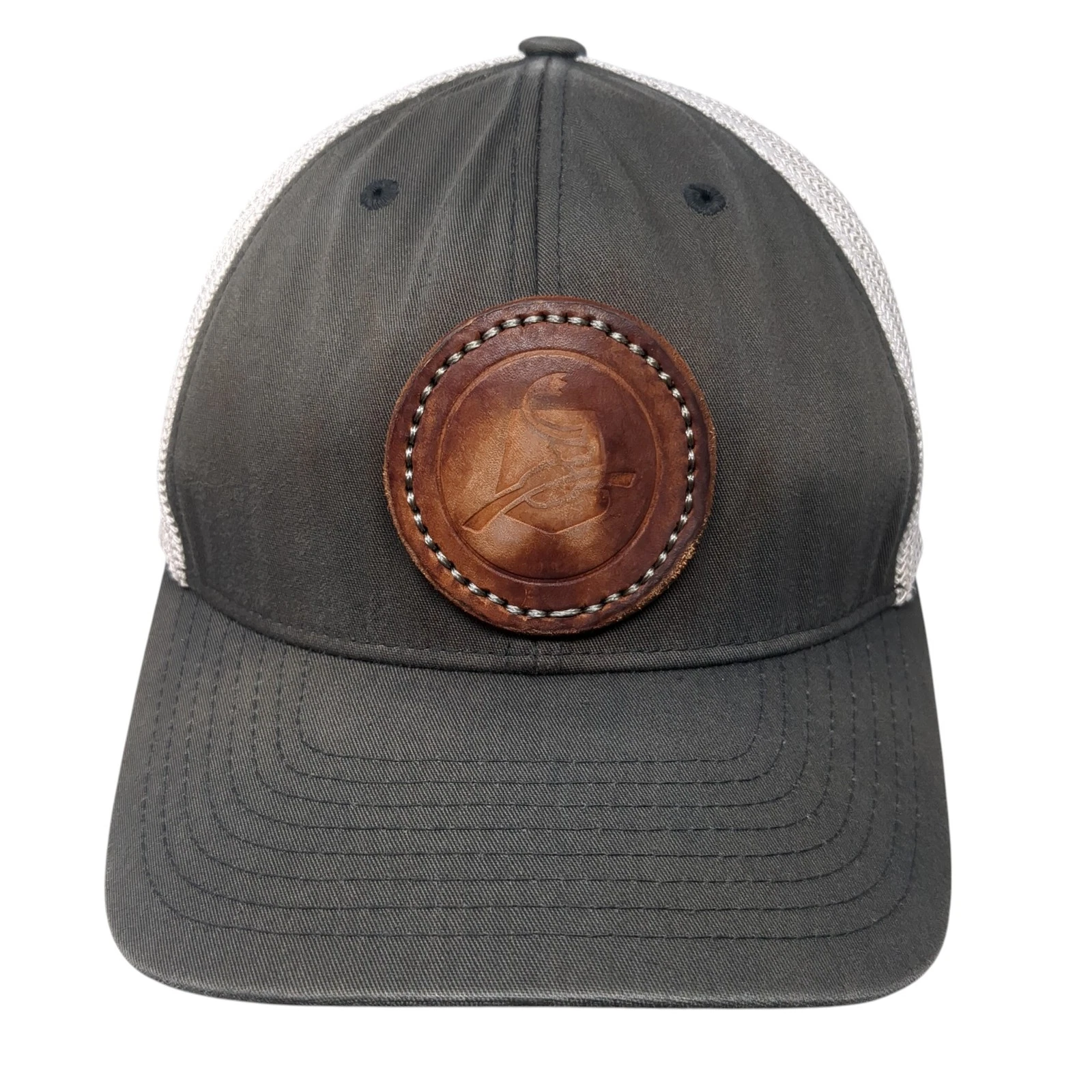 Yupoong Fitted Mesh Back Trucker Hat Gray One Size Leather Patch Flexfit
