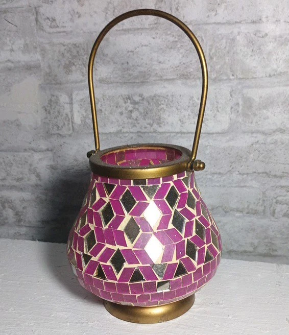 Mirror Glass Mosaic Candle Holder Lantern pink  Globe & Gold Handle - Image 3 of 4