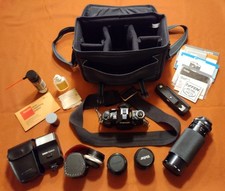 Canon A-1 35mm SLR Film Camera complete outfit with 4 lens, winder, flash,  bag