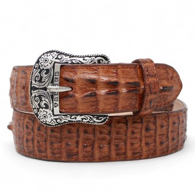Genuine Leather Caiman Hornback Print Texas Metal Buckle Belt Cognac Color - Tan