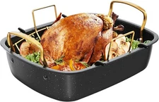 Roasting Pan, 17 Inch x 13 Roaster with Removable Rack, Nonstick Gold 